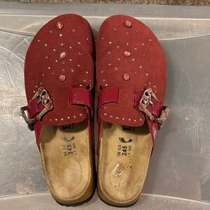 Birkenstock Betula Ruby Red Suede Mules with Buckle and Studs